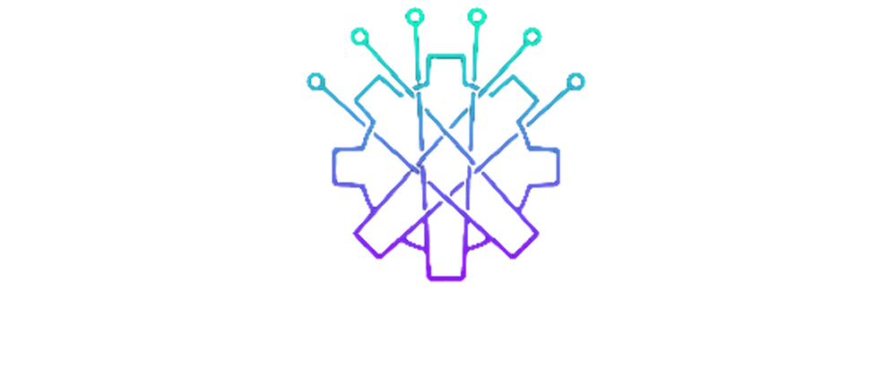 Abstract logo with interconnected shapes in blue and purple gradient.