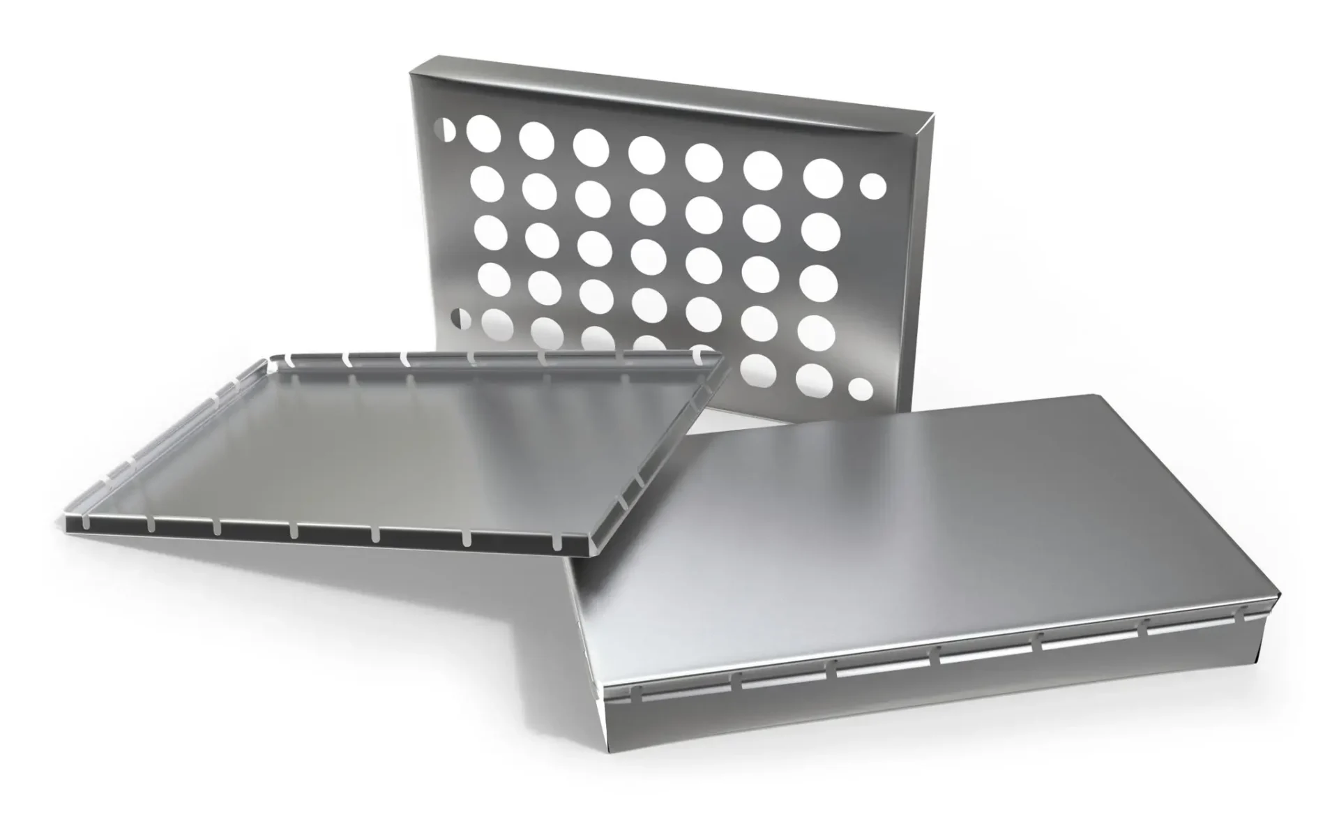 Aluminum panels with ventilation holes and solid designs.