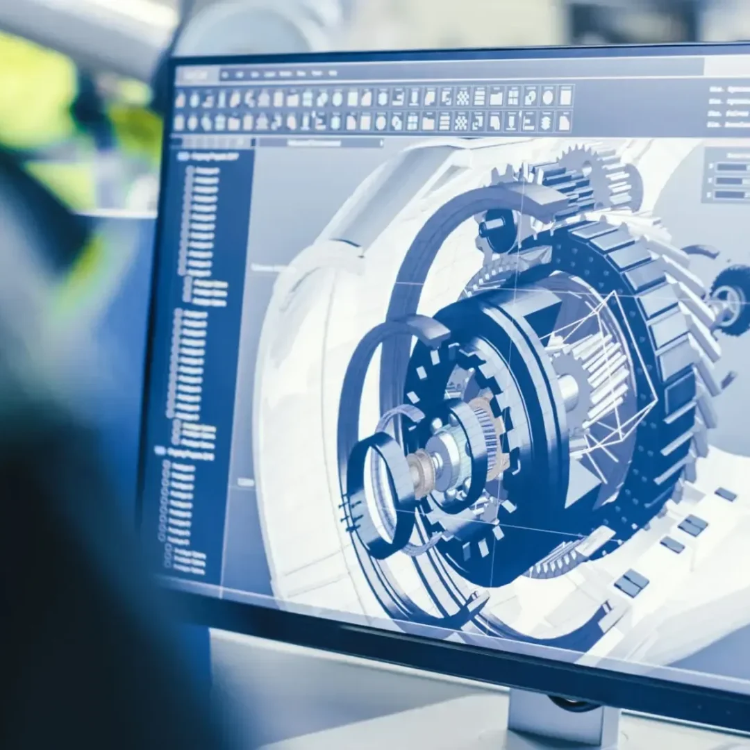 Digital 3D model of a mechanical component on a computer screen.